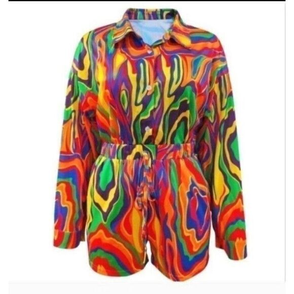 Boho Colorful Wave Print Two-piece Set Sz X-Large - Picture 1 of 11